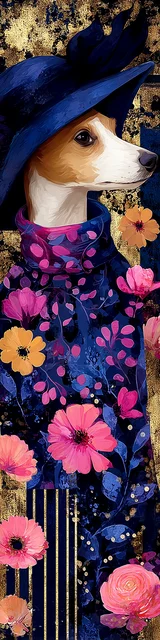 Free printable dog bookmark featuring rat terrier with a blue hat floral bookmark